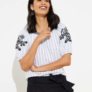 LOFT linen/cotton black white striped embroidered puff sleeve blouse Size S